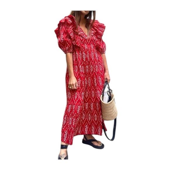 Zara Dresses & Skirts - ZARA Red & White Eyelet Ruffle Puff Sleeve Short Sleeve Midi Dress Size XS